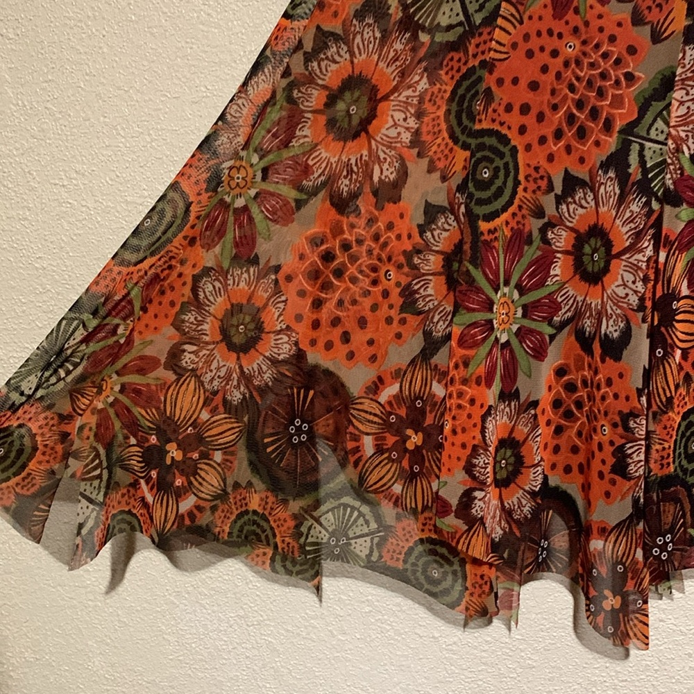 Tribal Skirt S Brown Red Orange Green Floral Mesh Like Shell Pull On Stretchy - Picture 8 of 16
